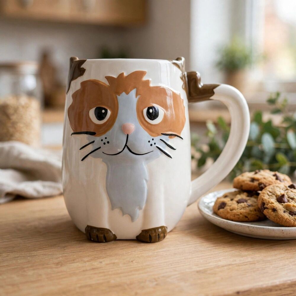 Calico Cat Face Ceramic Mug Brown Gray White Whimsical Kitty Lover Coffee Cup